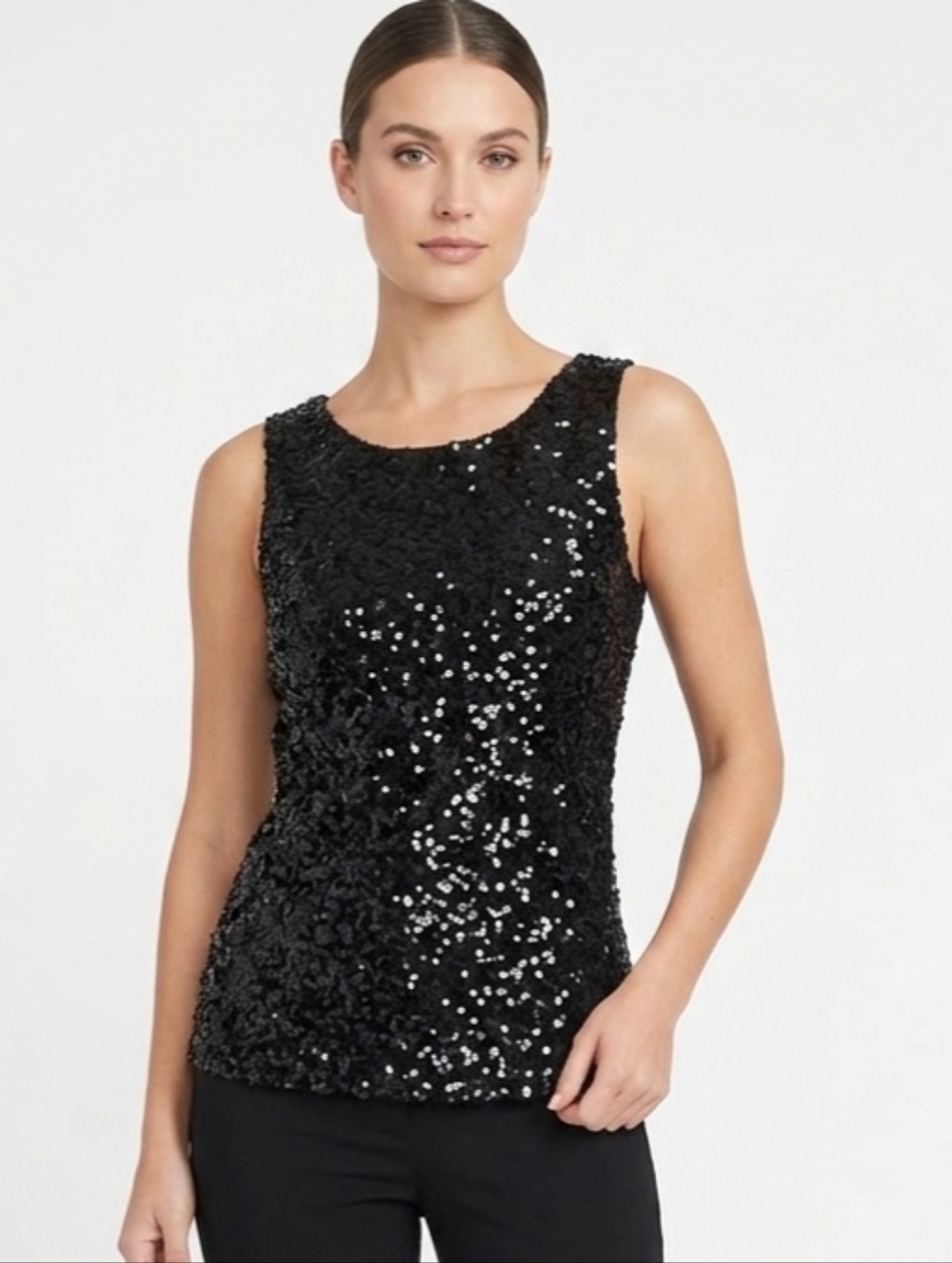 Black Sequin Tank Top Sleeveless Party Holiday Evening Sparkle Glam